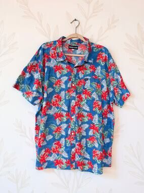 REEF Mens XXL Hawaiian Shirt Blue Red Hibiscus Tropical Floral 100% Cotton